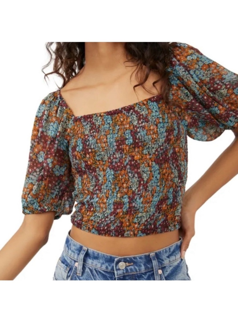 Free People Back On Top Multicolor Floral Puff Sleeve Crop Top Dark Combo, XS
